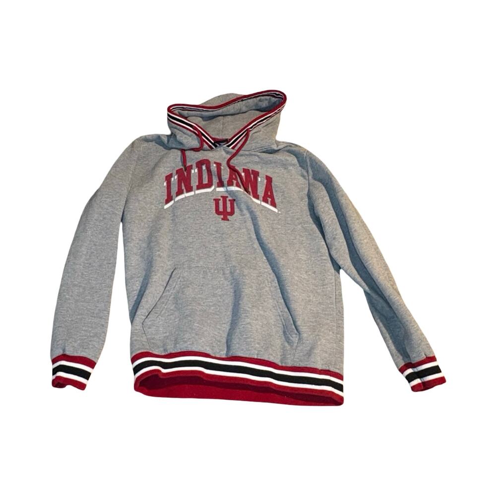 Indiana University Vintage Style Striped Trim Gray Hoodie - Mens L